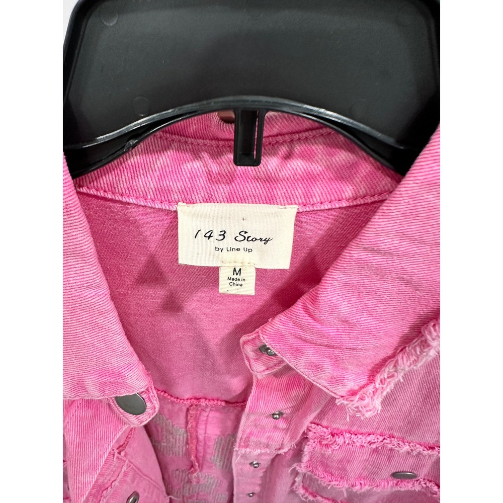 143 Story by Line Up Pink Rock & Roll Sequin Distressed Denim Shirt Jacket M View 3
